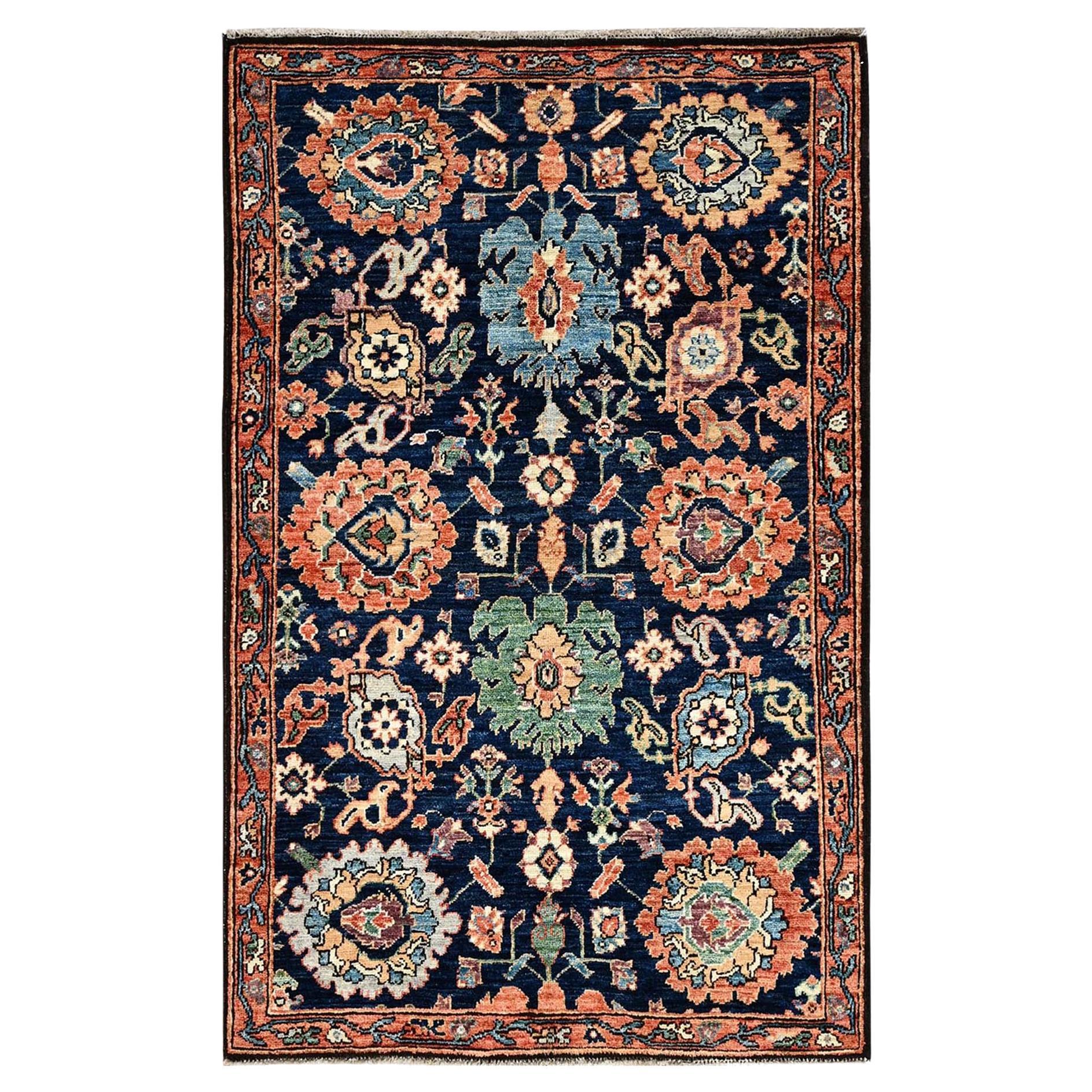 Tappeto di lana annodato a mano 3'2 "x5' blu notte persiano del nord-ovest con design a foglie