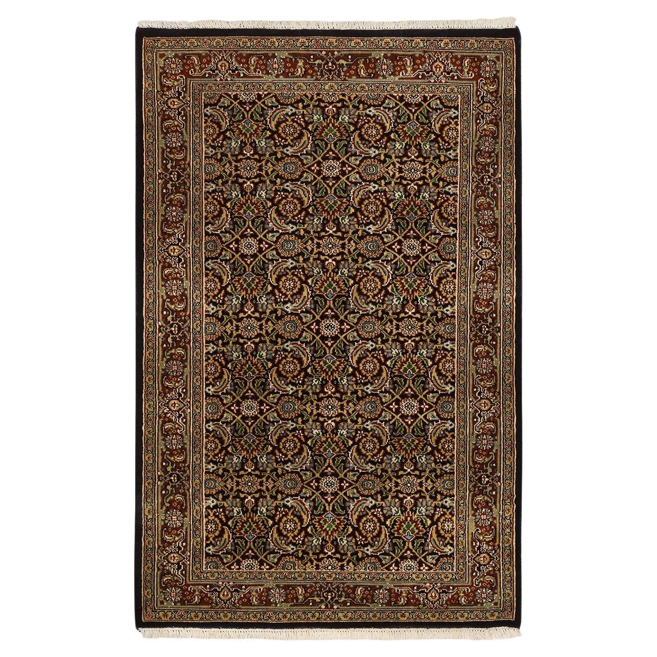 3'2"x5' Onyx Black Hand Knotted Herati Design Wool 250 KPSI Oriental Rug