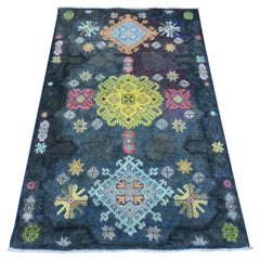 3'2"x5' Space Black Fusion Kazak Caucasian Elements Design Oriental Rug