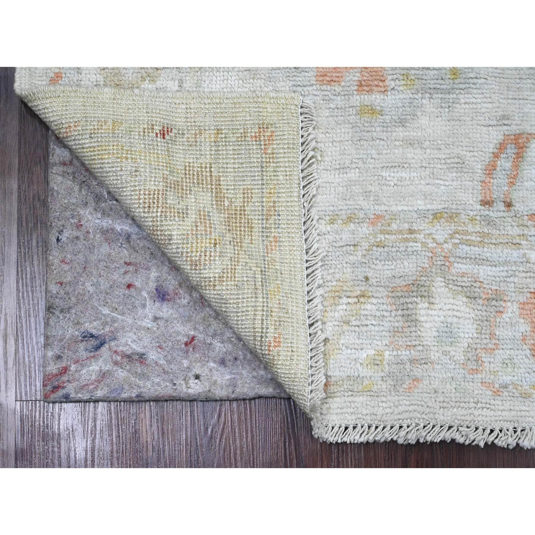 Spanish Gray, Hand Knotted, Afghan Angora Oushak with Muted Colors Leaf Design, Veggie Dyes, 100% Wool, Oriental Rug
Primary materials: Wool
Latex: No Pile 
height: 0.25 Inches
Style: Transitional
Primary color: Grey
Secondary colors: Orange, Brown,