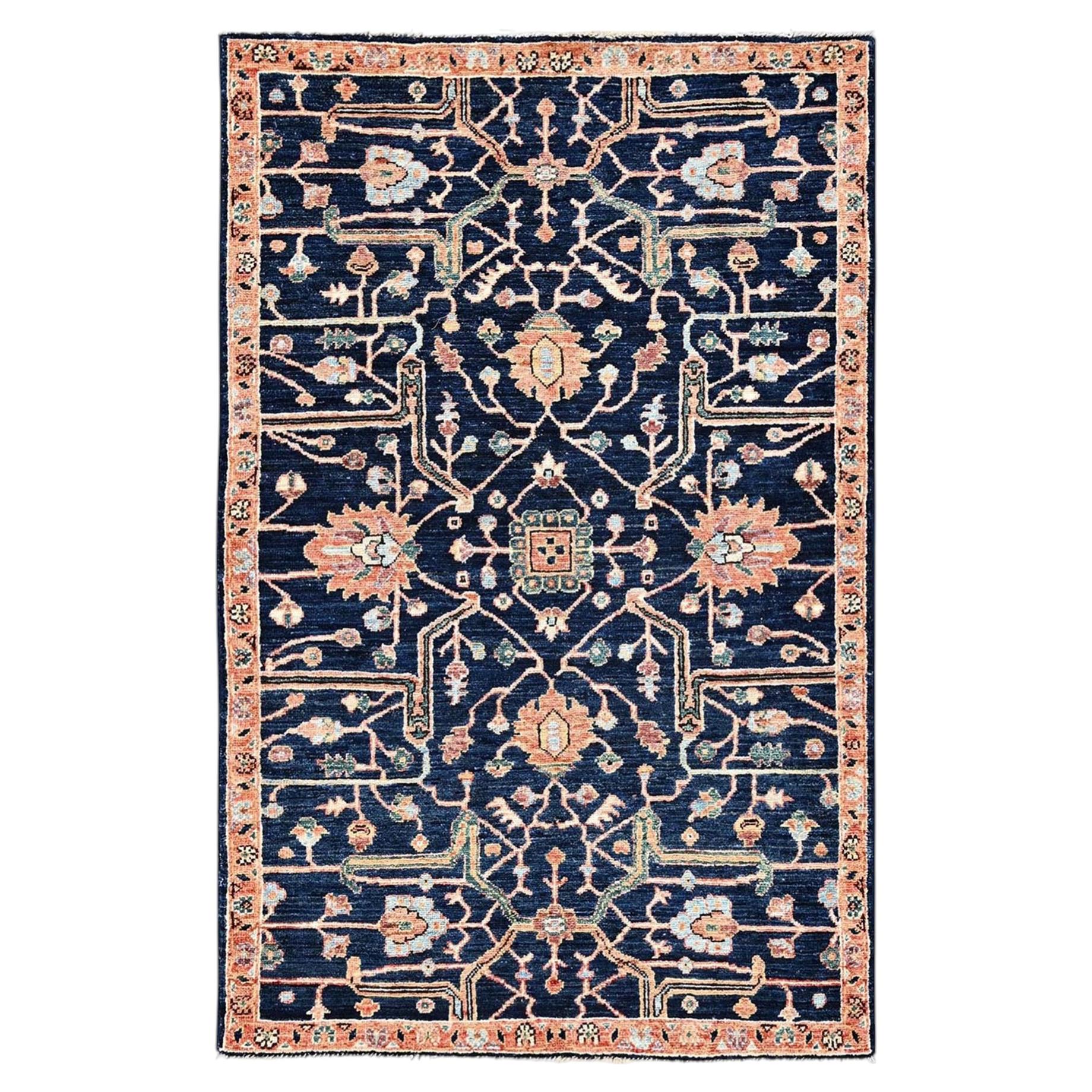 3'2"x5' Yale Blue Aryana Collection Heriz Design Hand Knotted Soft Wool Rug