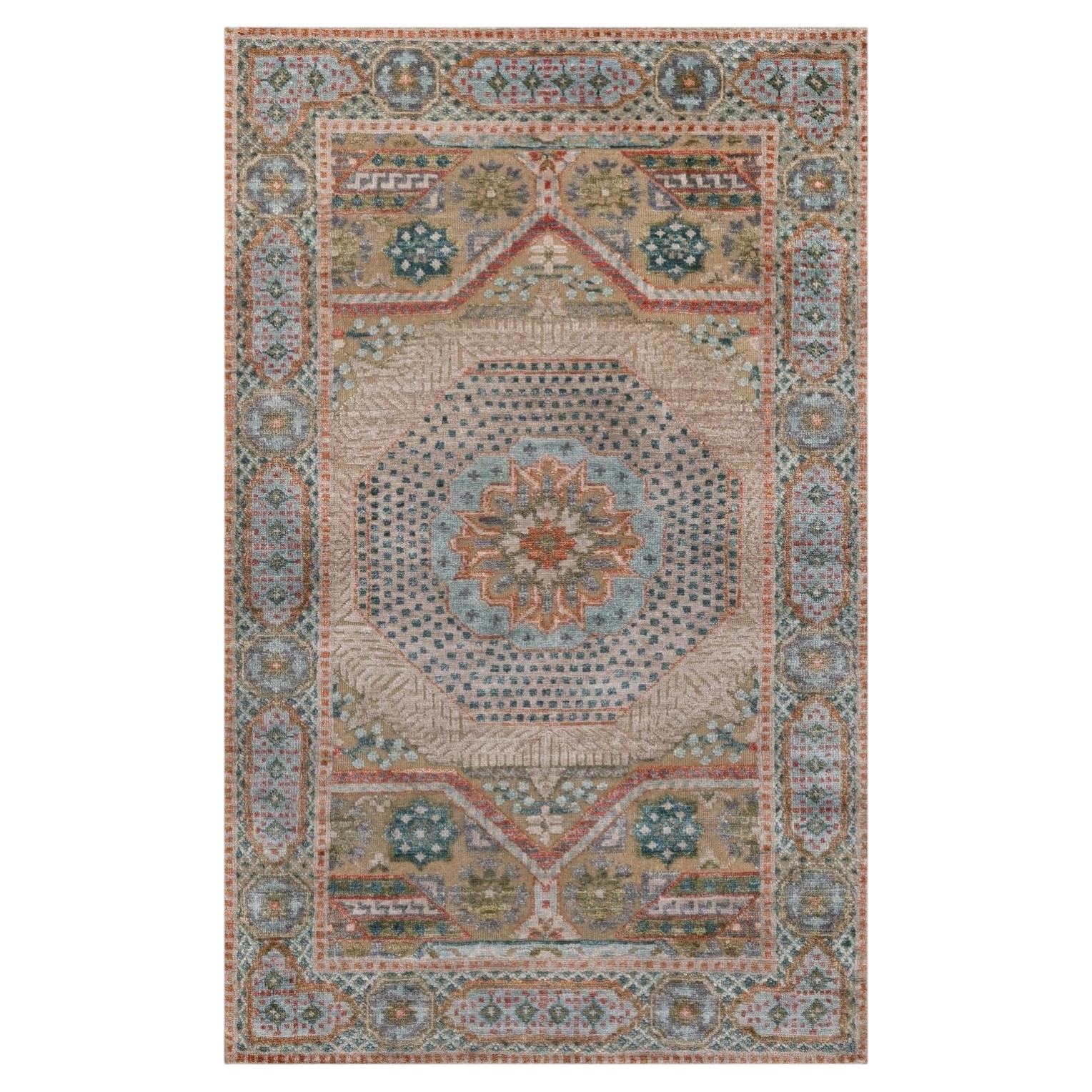 3'2"x5'1" Brown Mamluk Design with Medallion Hand Knotted Wool and Silk Rug
