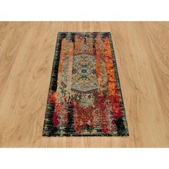 3'2"x5'1" Coral Rose Red Hand Knotted Ancient Ottoman Erased Design Oriental Rug
