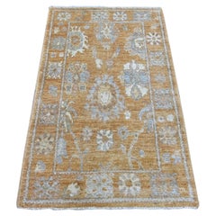 3'2"x5'1" Golden Brown Hand Knotted Wool Afghan Angora Oushak Oriental Rug