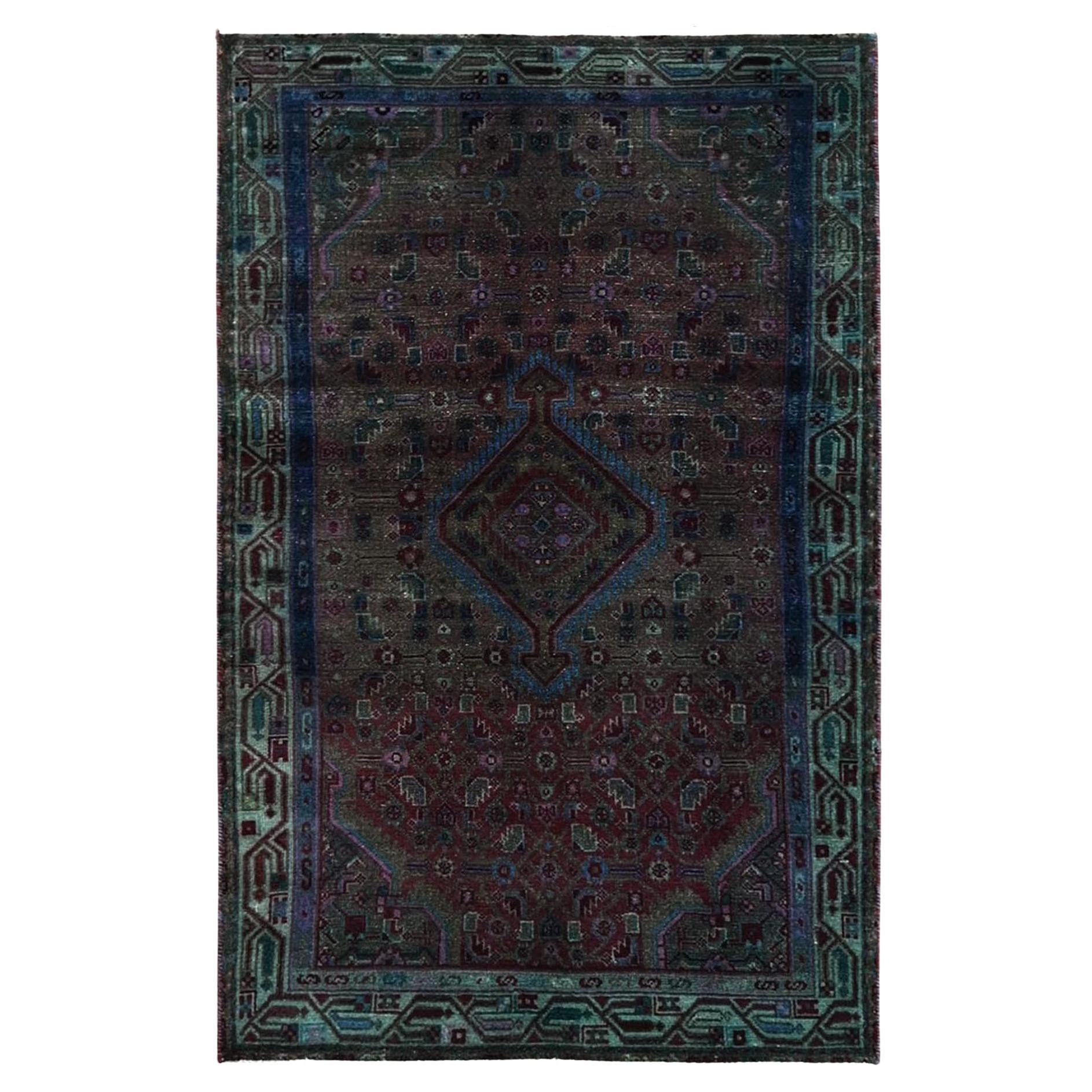 3'2"x5'1" Rust Red Overdyed Vintage Persian Hamadan Hand Knotted Pure Wool Rug