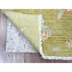 3'2"x5'1" Swamp Green Hand Knotted Afghan Peshawar Fish Design Wool Oriental Rug