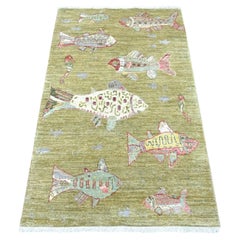 3'2"x5'1" Swamp Green Hand Knotted Afghan Peshawar Fish Design Wool Oriental Rug