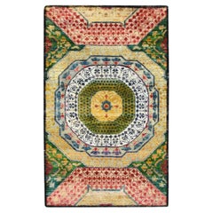 3'2 "x5'2" Giallo colorato Mamluke Design annodato a mano in seta con Knots Rugs annodato a mano