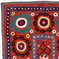 3.2x5.3 Ft Tashkent Suzani Textile Wall Hanging, Red Silk Embroidery Table Cover
