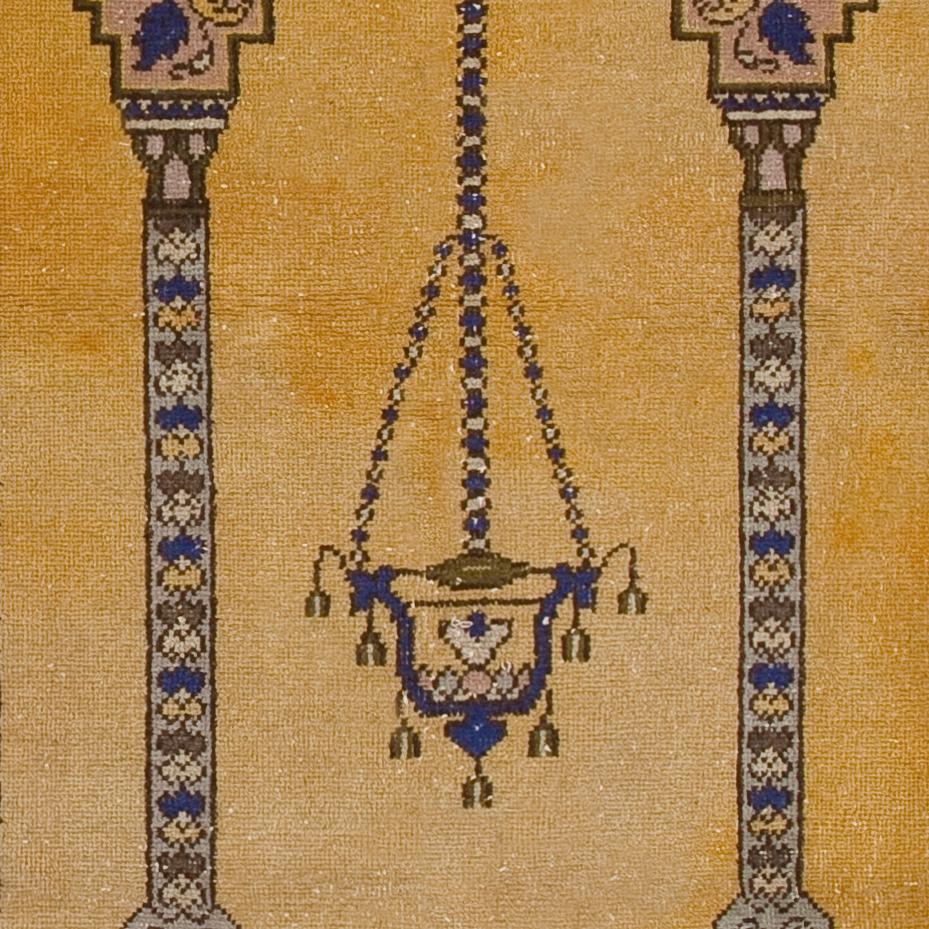 Turkish 3.2x5.3 Ft Vintage Prayer Rug Depicting a Chandelier, Couple of Columns, Flowers For Sale