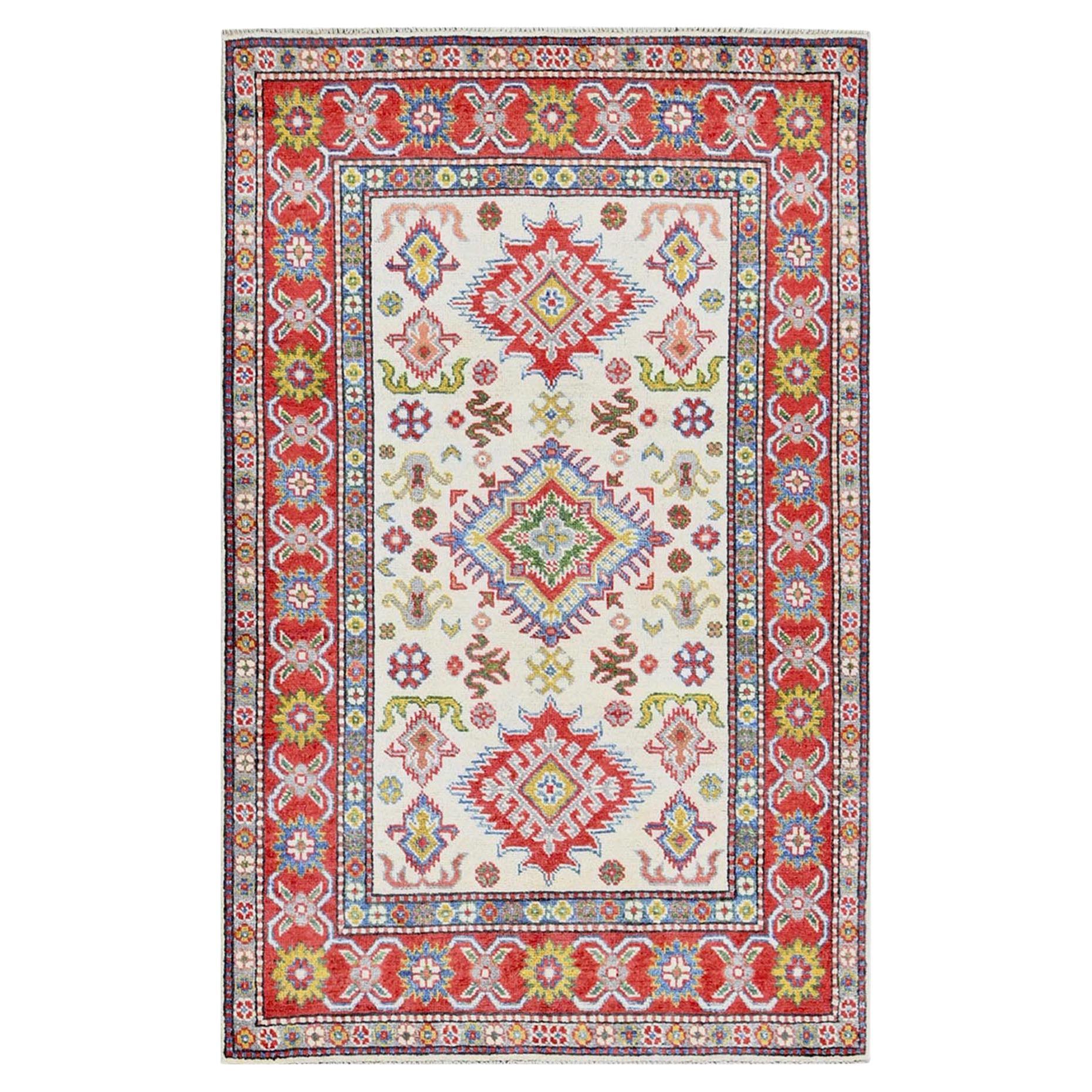 3'2"x5'3" White Hand Knotted Kazak with Geometric Medallions Design All Wool Rug