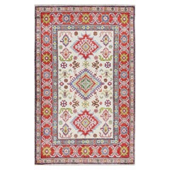 3'2"x5'3" White Hand Knotted Kazak with Geometric Medallions Design All Wool Rug