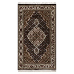 3
2"x5
4" Black Tabriz Mahi with Fish Medallion Design Hand Knotted Wool Rug