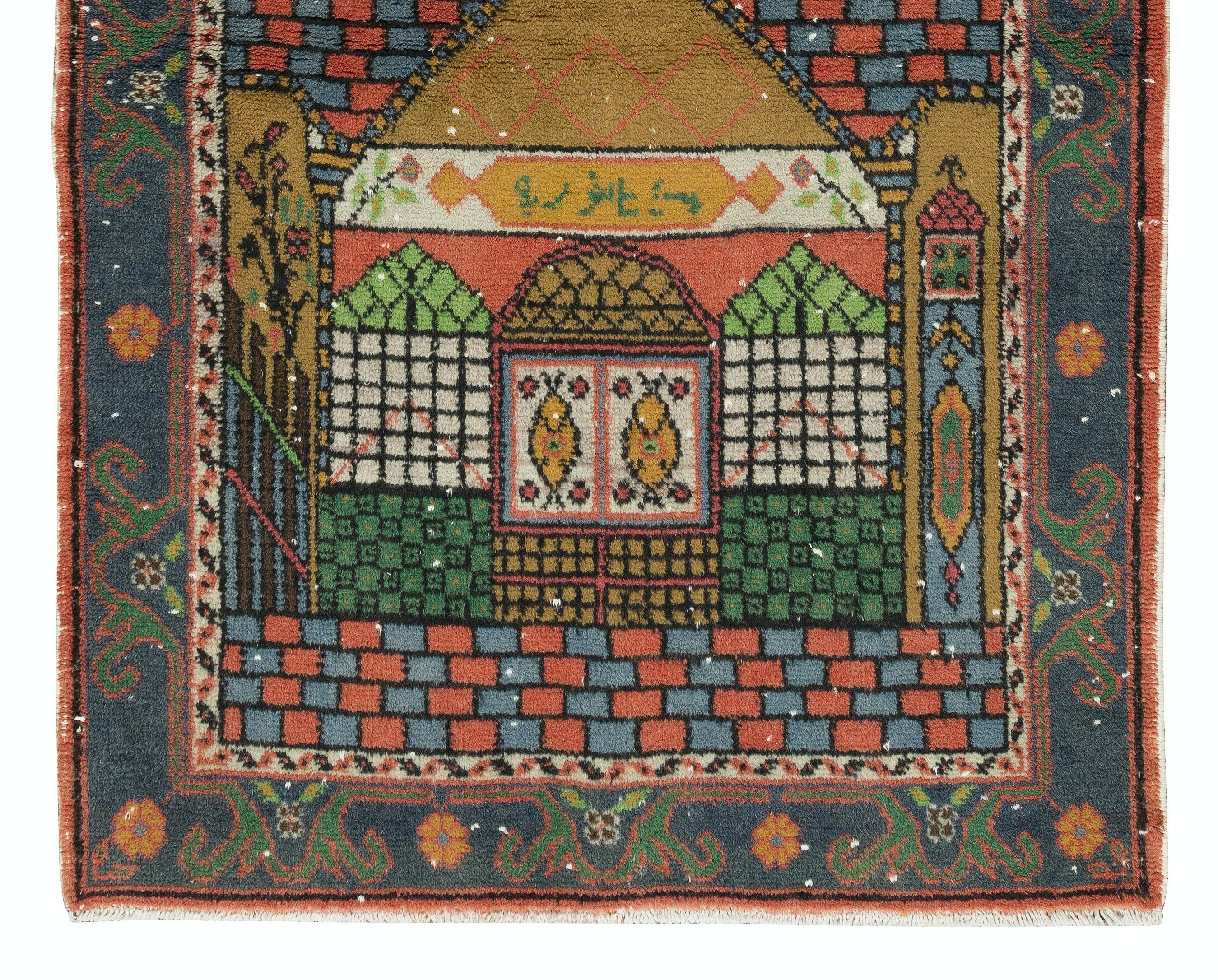 Handgefertigter, 3,2x5.4 Ft, Vintage-Gebetteppich aus türkischer Wolle mit Moschee-Motiv (Handgeknüpft) im Angebot