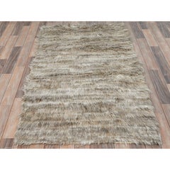 3'2"x5'6" Beige Hand Knotted Shag Flokati Greek Style Undyed Natural Wool Rug