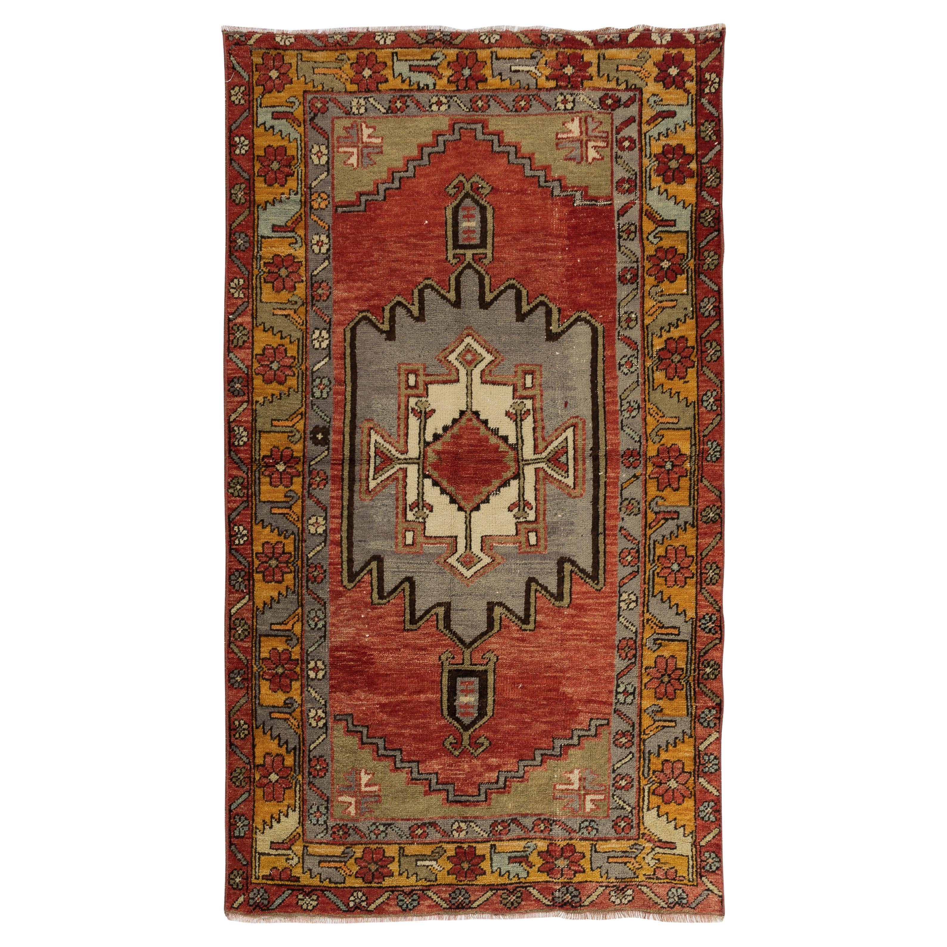 Vintage Handmade Turkish Accent Rug with Geometric Medallion Design