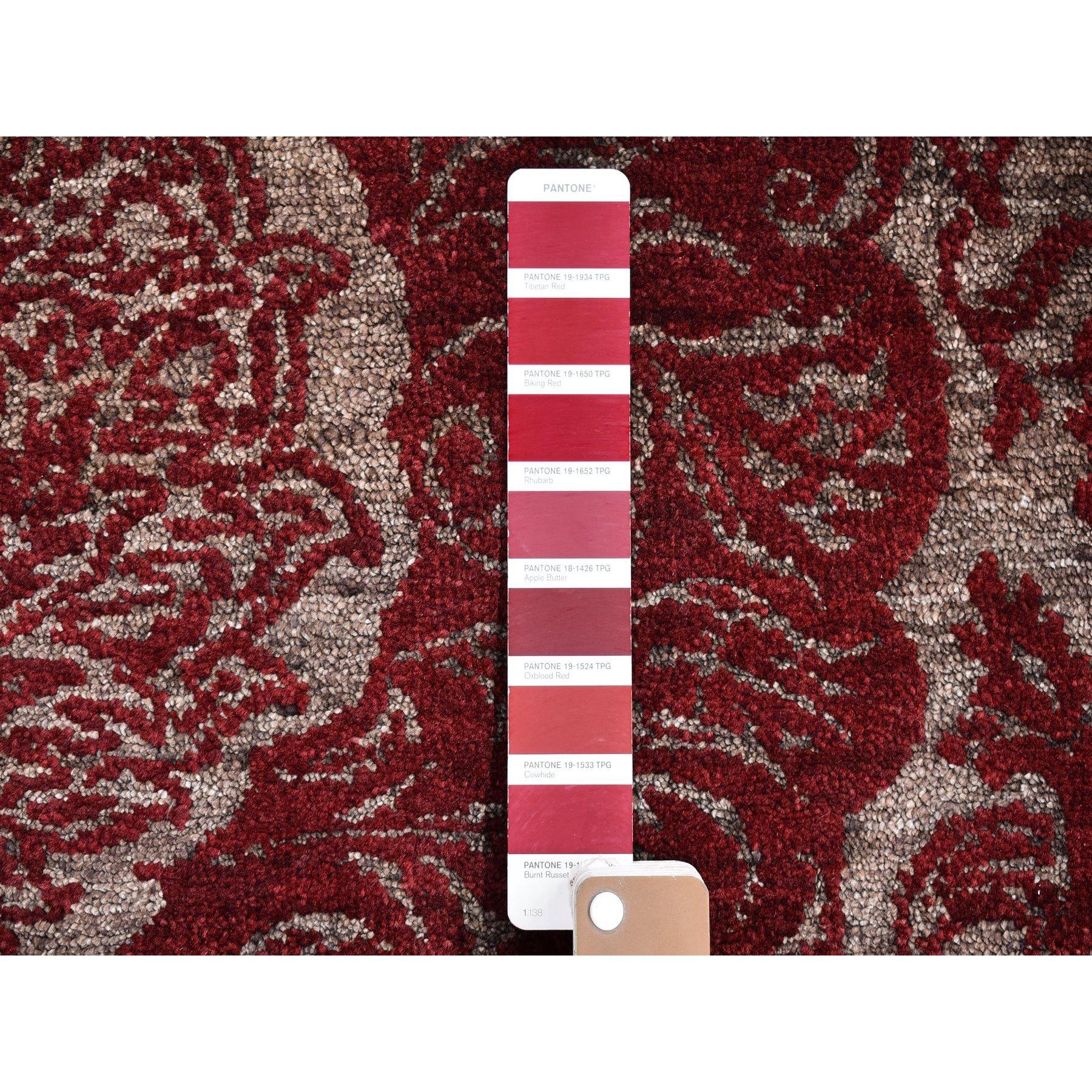 This is a truly genuine one-of-a-kind Wine Red Wool and Silk Modern Damask Design Mat Hand Knotted Oriental Rug. It has been woven for months and months in the centuries-old Persian weaving craftsmanship techniques by expert artisans.
Primary