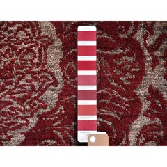 3'2"x5'6" Red Wool and Silk Modern Damask Design Mat Hand Knotted Oriental Rug