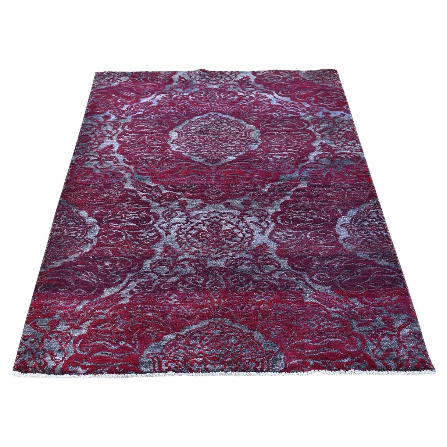 3
2"x5
6" Red Wool and Silk Modern Damask Design Mat Hand Knotted Oriental Rug For Sale
