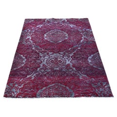 3'2"x5'6" Red Wool and Silk Modern Damask Design Mat Hand Knotted Oriental Rug