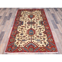 3'2"X6'1" Tuscan Beige With Carmine Red Border Luxurious Wool Hand Knotted Rug