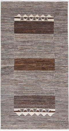 3.2x6.5 ft Hand Knotted Brown Wool Area Rug, Geometric Tribal Pattern Accent Rug