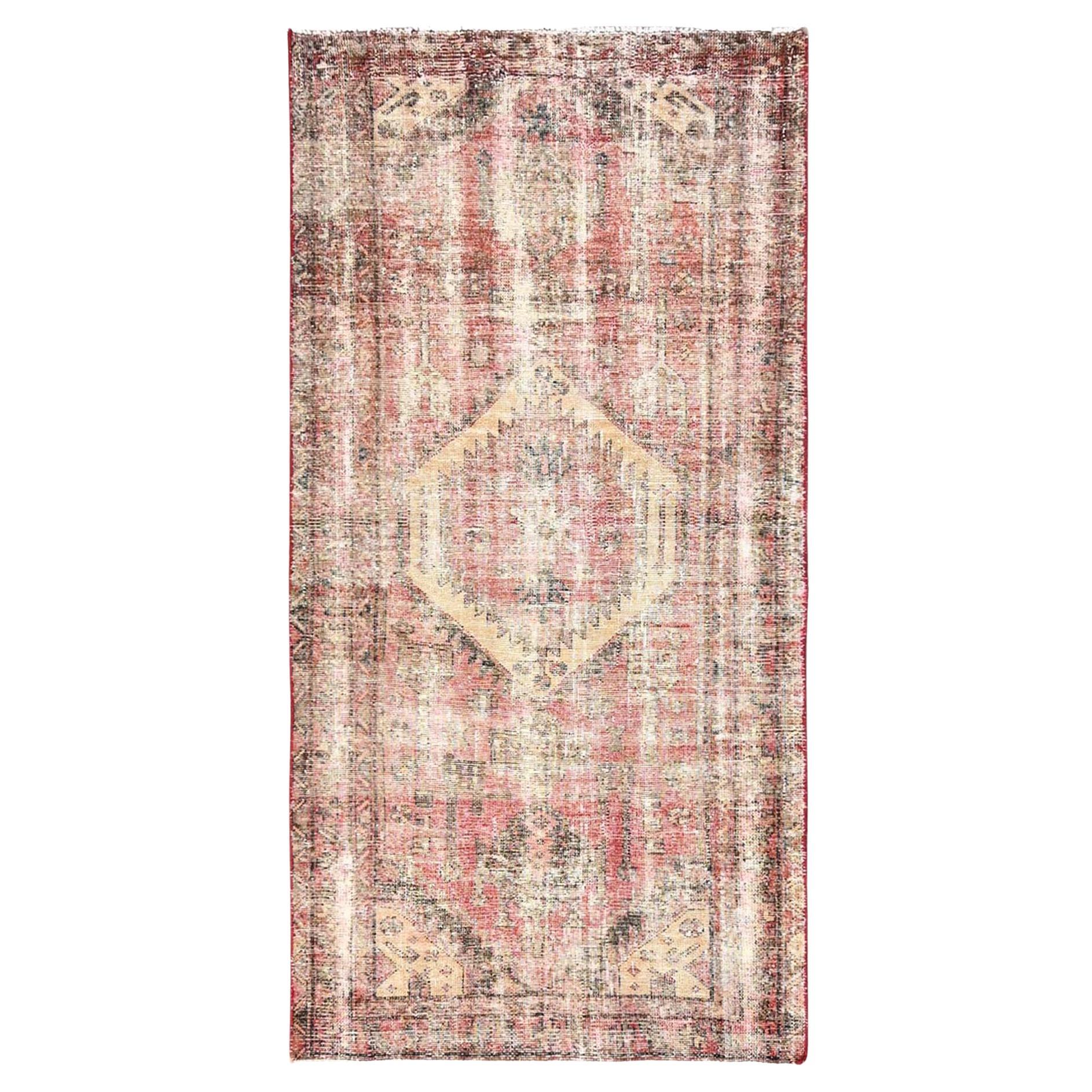 3
2"x6
5" Rose Red Vintage Persian Hamadan Hand Knotted Pure Wool Runner Rug