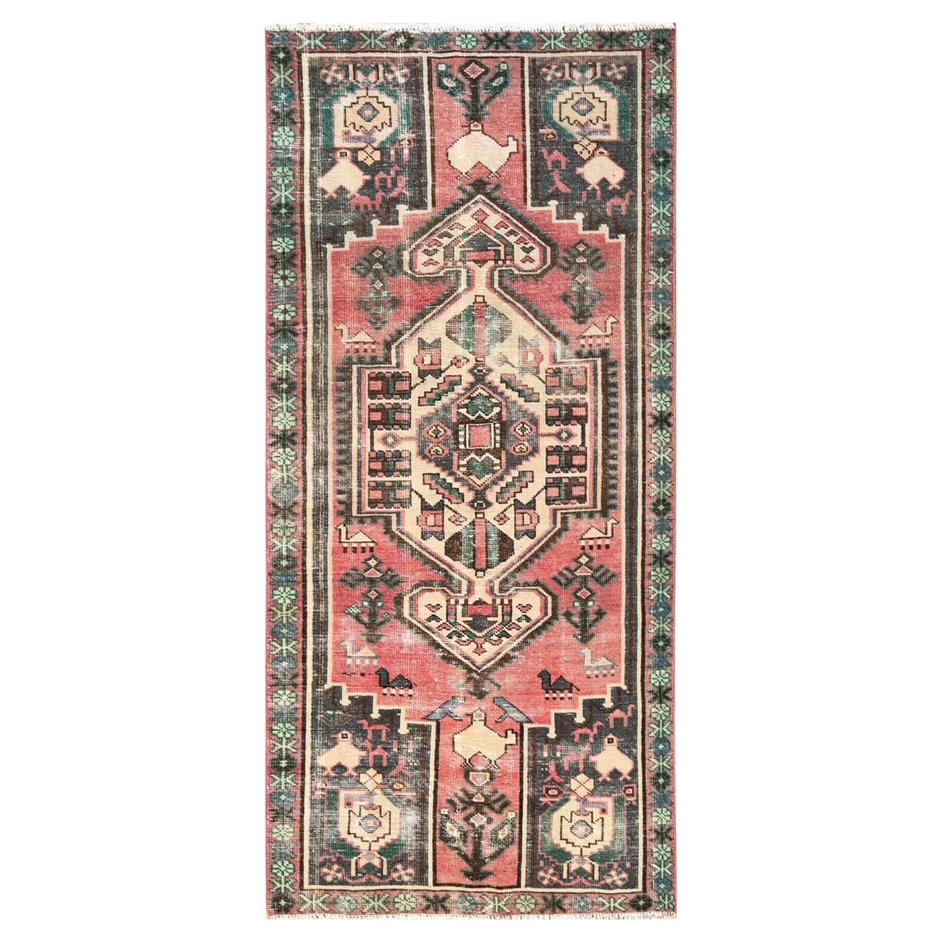 3'2"x6'8" Pink Vintage Zoroastrian Amadan Hand Knotted Wool Worn Out Runner Rug