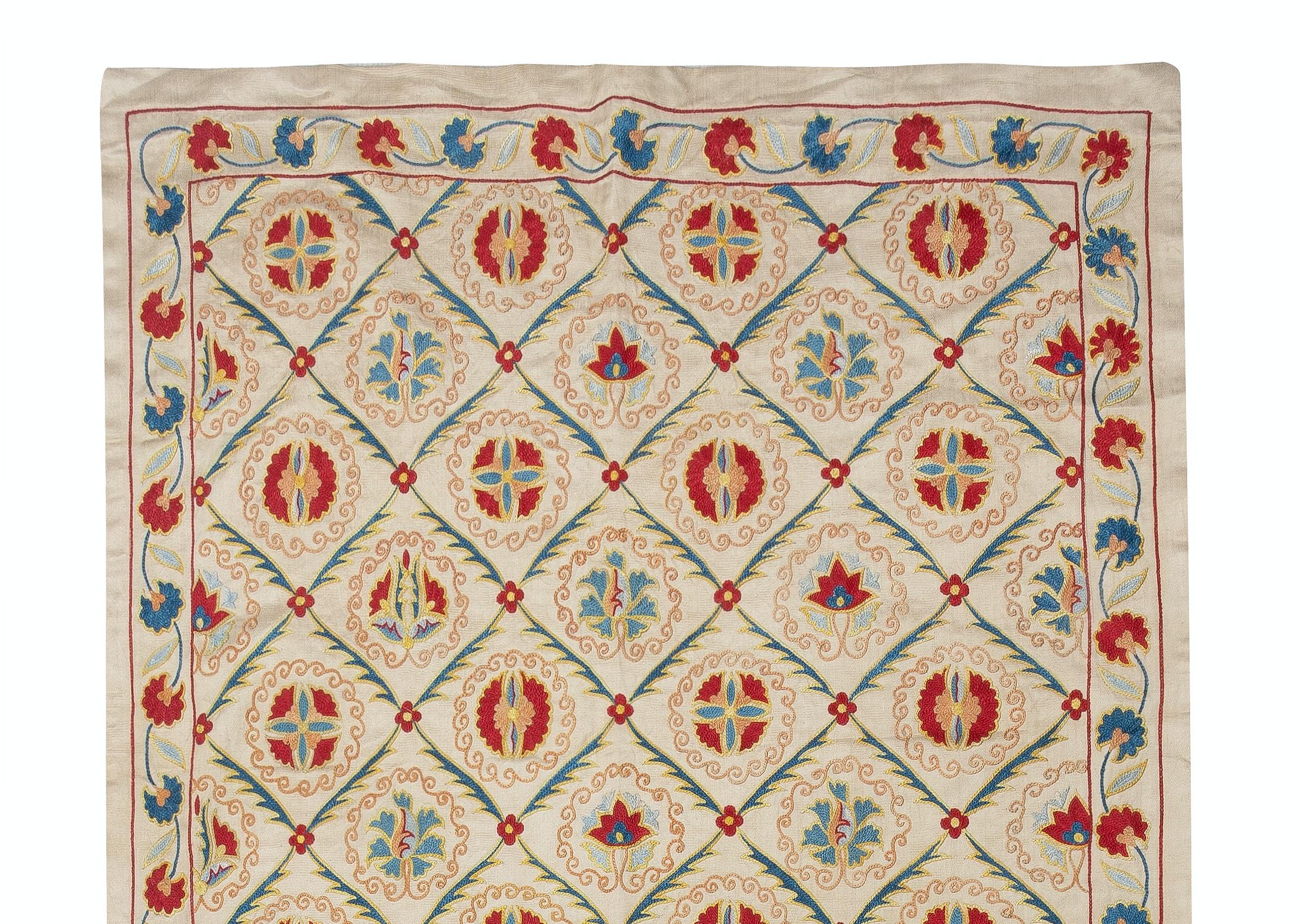 Celebrate the rich heritage of Asian craftsmanship with this exquisite 100% silk Suzani textile, meticulously hand-embroidered by skilled artisans. A true work of art, this piece embodies centuries of tradition, featuring intricate floral and