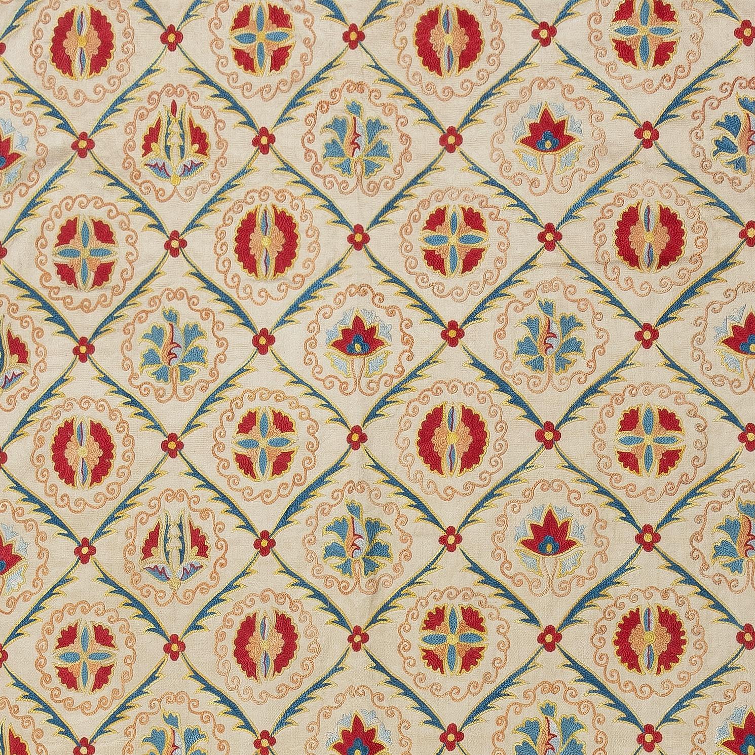 Suzani 32x74 in Contemporary 100% Silk Wall Hanging. Handmade Embroidered Table Runner For Sale