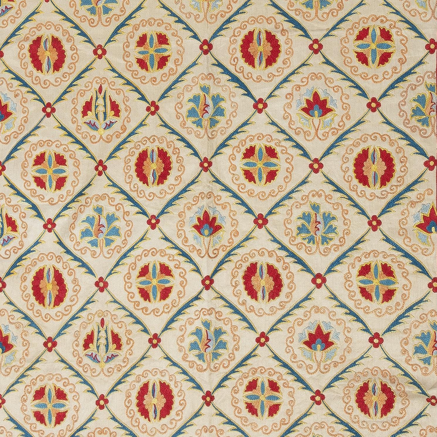 Central Asian 32x74 in Contemporary 100% Silk Wall Hanging. Handmade Embroidered Table Runner For Sale