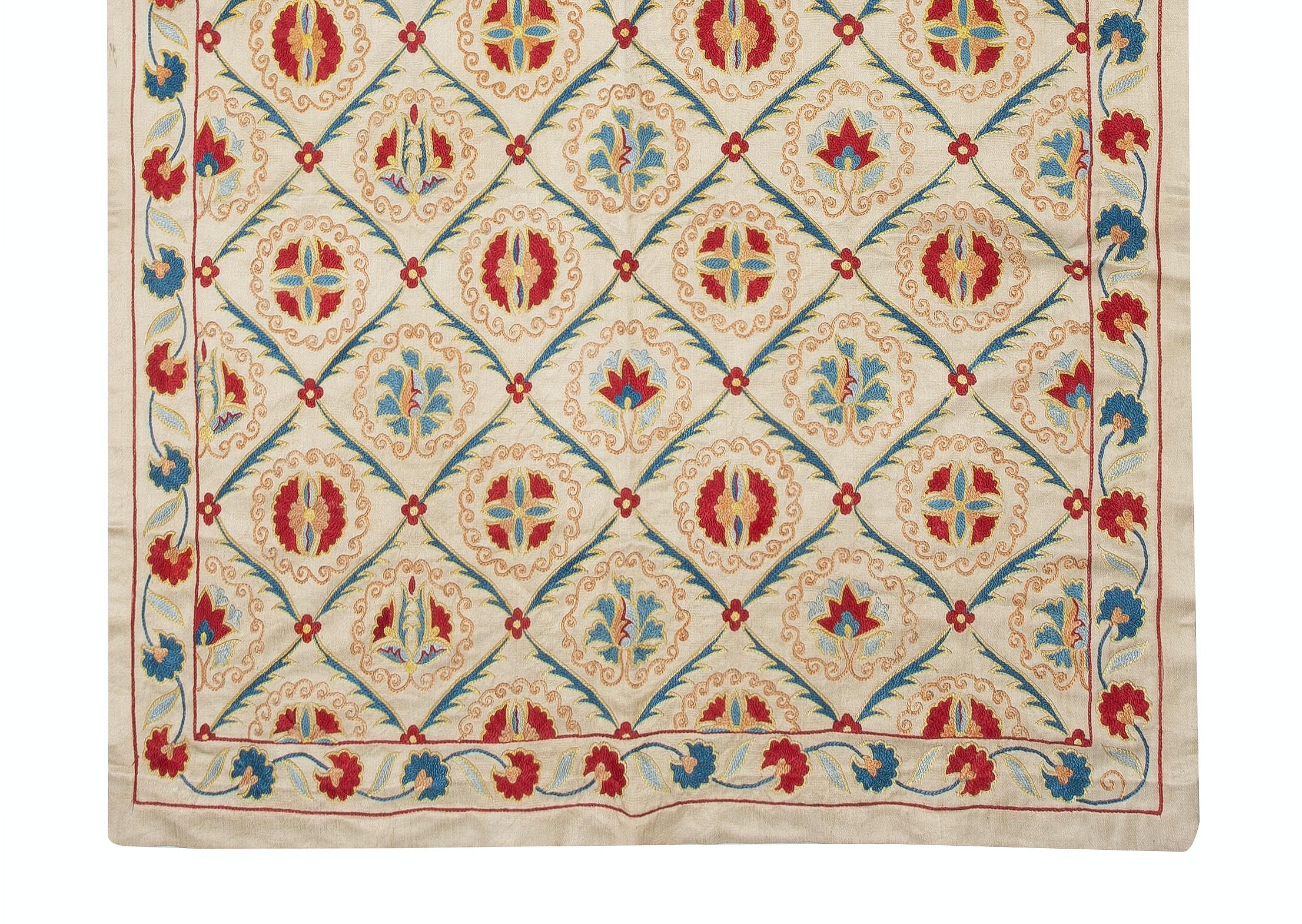 32x74 in Contemporary 100% Silk Wall Hanging. Handmade Embroidered Table Runner In New Condition For Sale In Spring Valley, NY