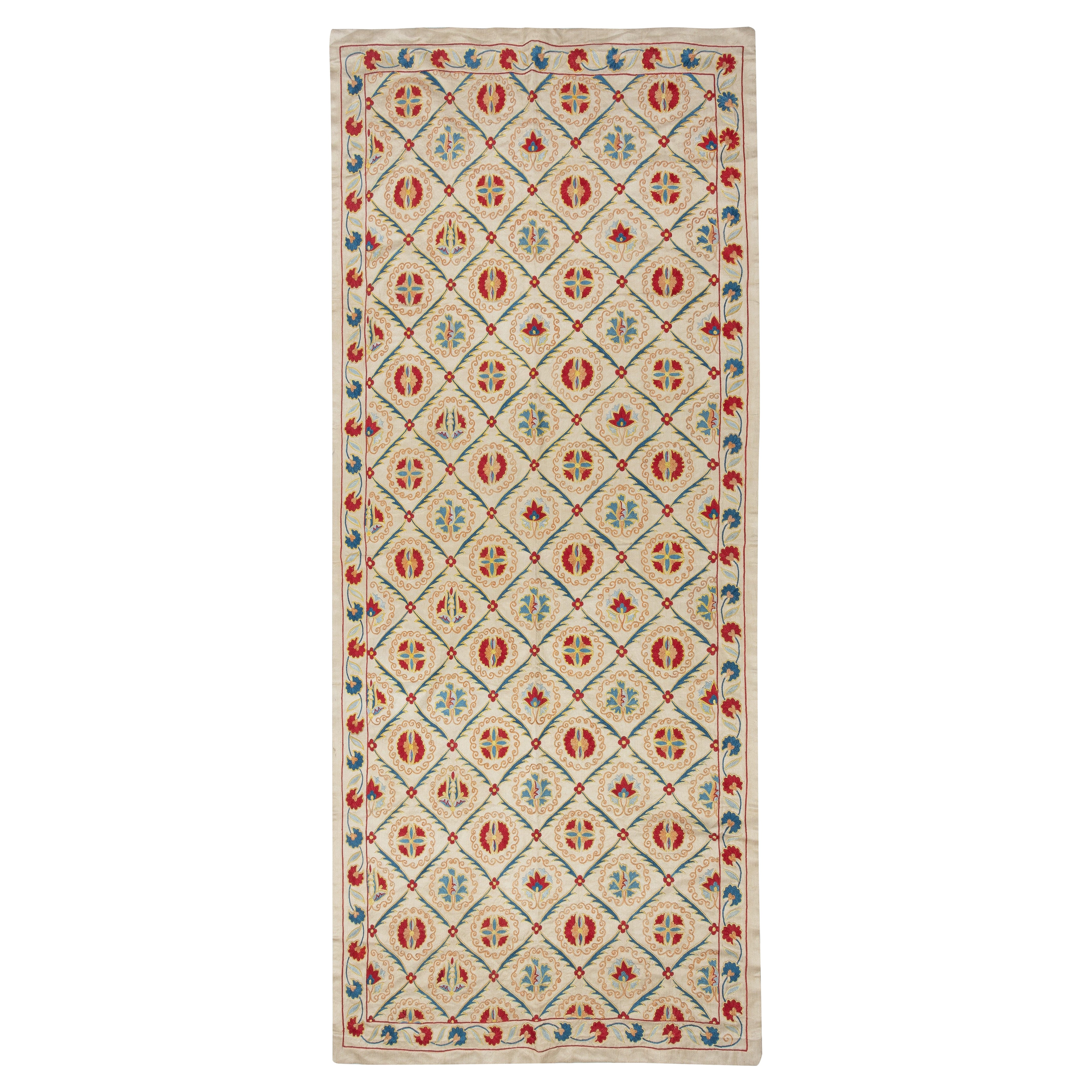 32x74 in Traditional 100% Silk Wall Hanging. Handmade Embroidered Table Runner