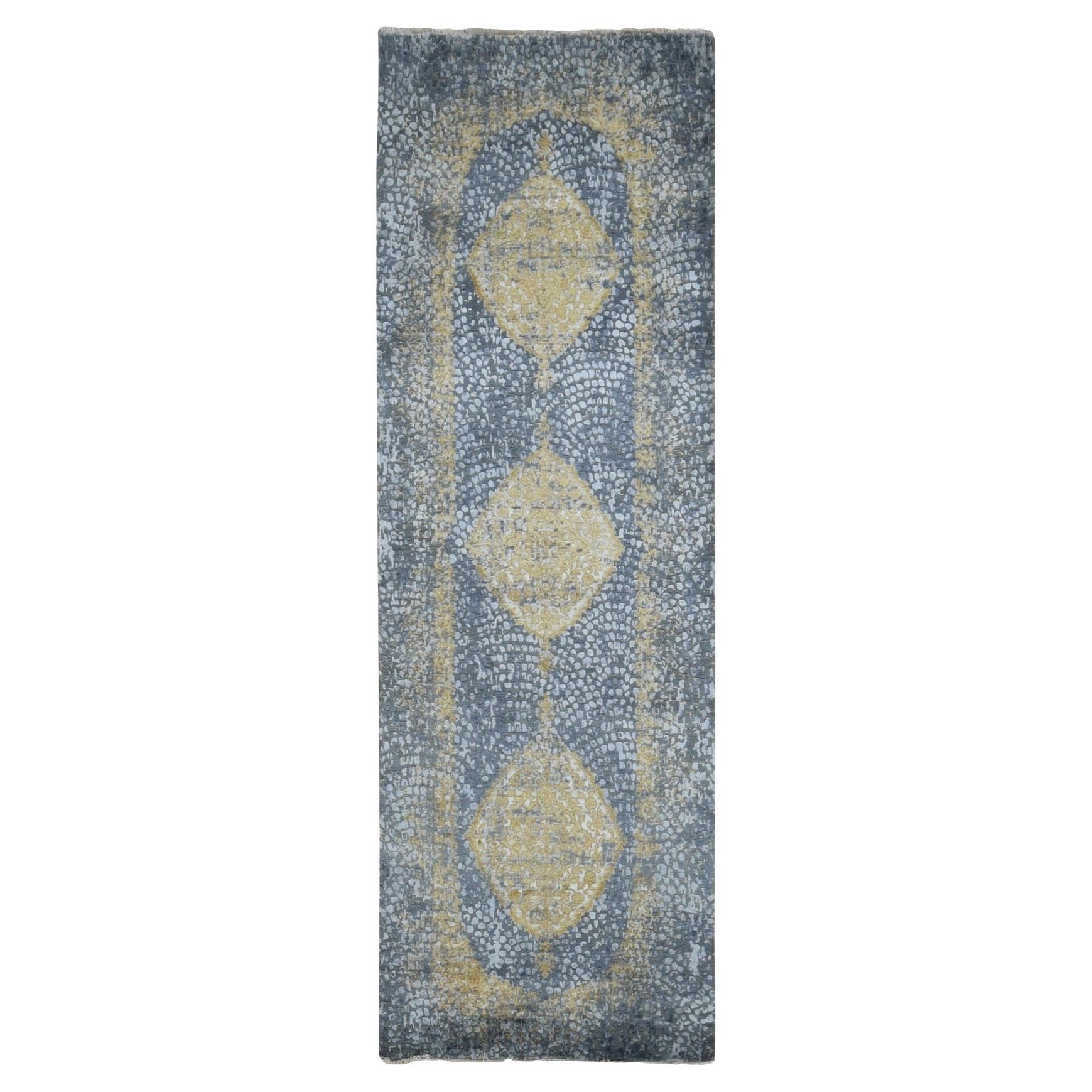 3'2 "x9'10" Grigio Tappeto persiano con disegno a medaglione in lana e pura seta annodato a mano