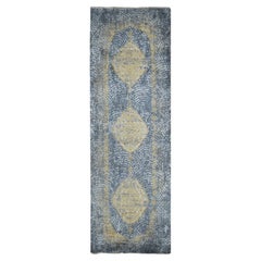 3'2 "x9'10" Alfombra Persa Gris Anudada a Mano con Diseño de Medallón de Lana y Seda Pura