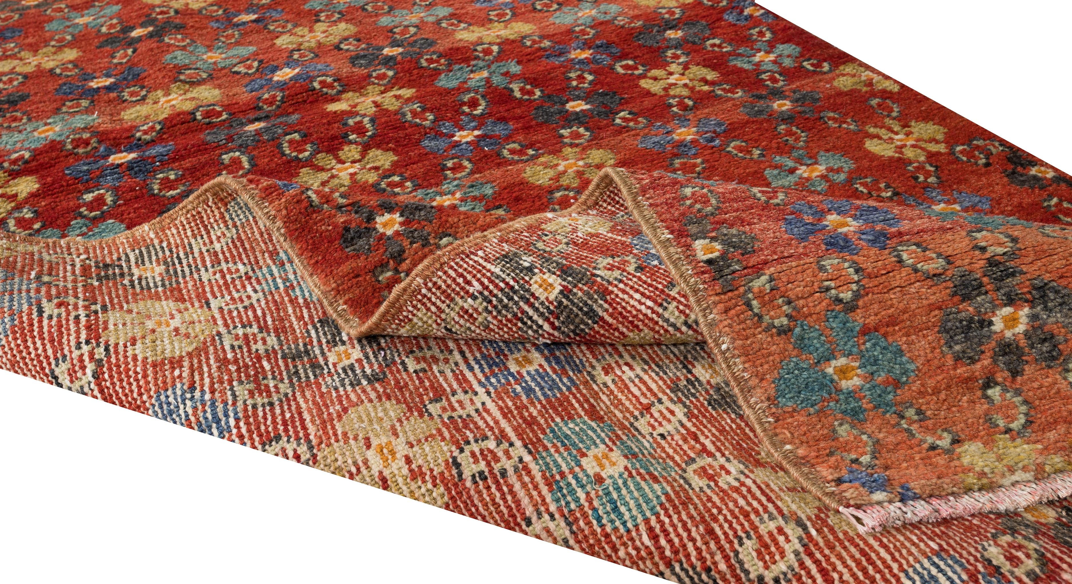 Tribal 3.2x9.2 Ft Handmade Vintage Turkish Floral Runner Rug, Red Corridor Carpet For Sale