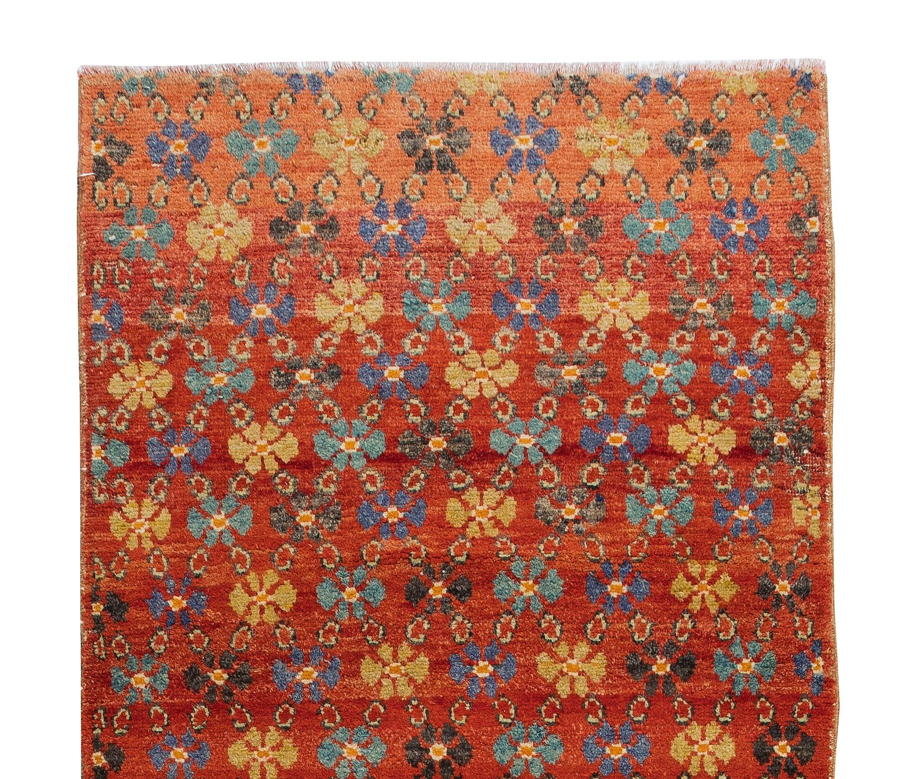 Hand-Woven 3.2x9.2 Ft Handmade Vintage Turkish Floral Runner Rug, Red Corridor Carpet For Sale