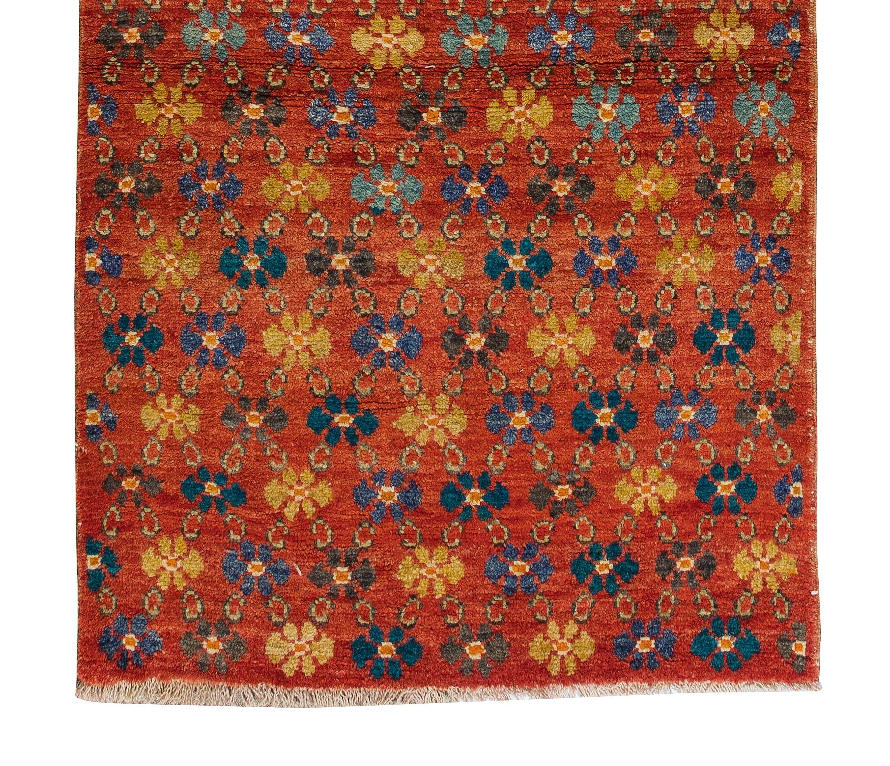 20th Century 3.2x9.2 Ft Handmade Vintage Turkish Floral Runner Rug, Red Corridor Carpet For Sale