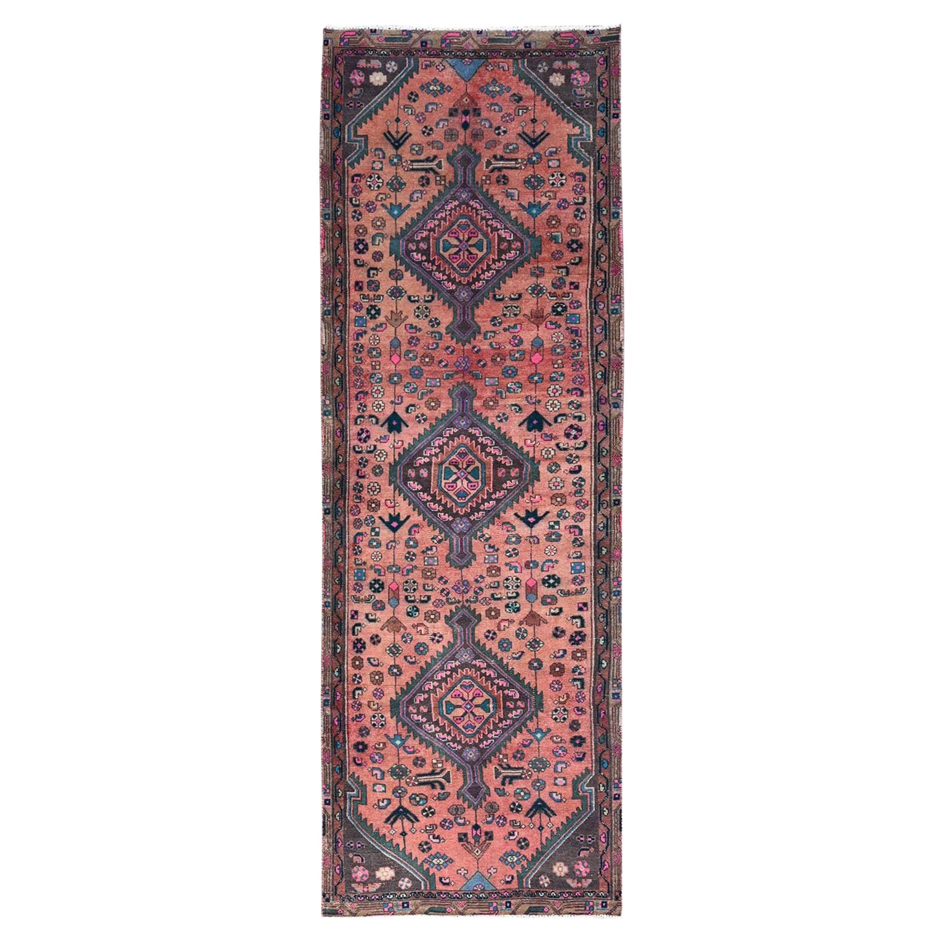 3'2"x9'3" Multicolored Vintage Persian Hamadan Hand Knotted Pure Wool Runner Rug