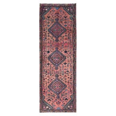 3'2"x9'3" Tapis de course persan vintage Hamadan en pure laine nouée à la main multicolore