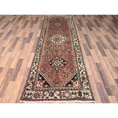 3'2"x9'3" Red Worn Out Vintage Persian Hamadan Hand Knotted Wool Runner Rug