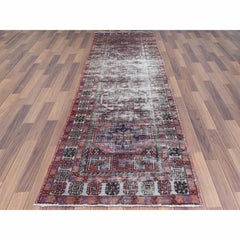 Alfombra vintage de lana pura anudada a mano, estilo Farsian del noroeste, en color rojo desgastado, de 3'2" x 9'5"