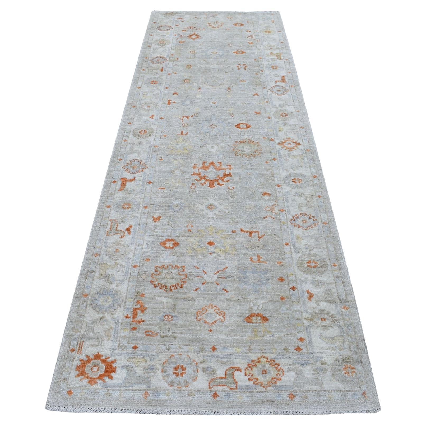 3
2"x9
7" Cream Soft and Supple Wool Hand Knotted Angora Oushak Oriental Rug For Sale