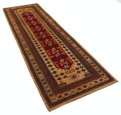 3.2x9.7 ft Hand Knotted Red, Navy Blue, Beige Runner Rug. Tribal Hallway Rug