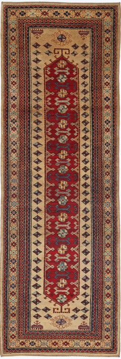 3.2x9.7 ft Hand Knotted Red, Navy Blue, Beige Runner Rug. Tribal Hallway Rug
