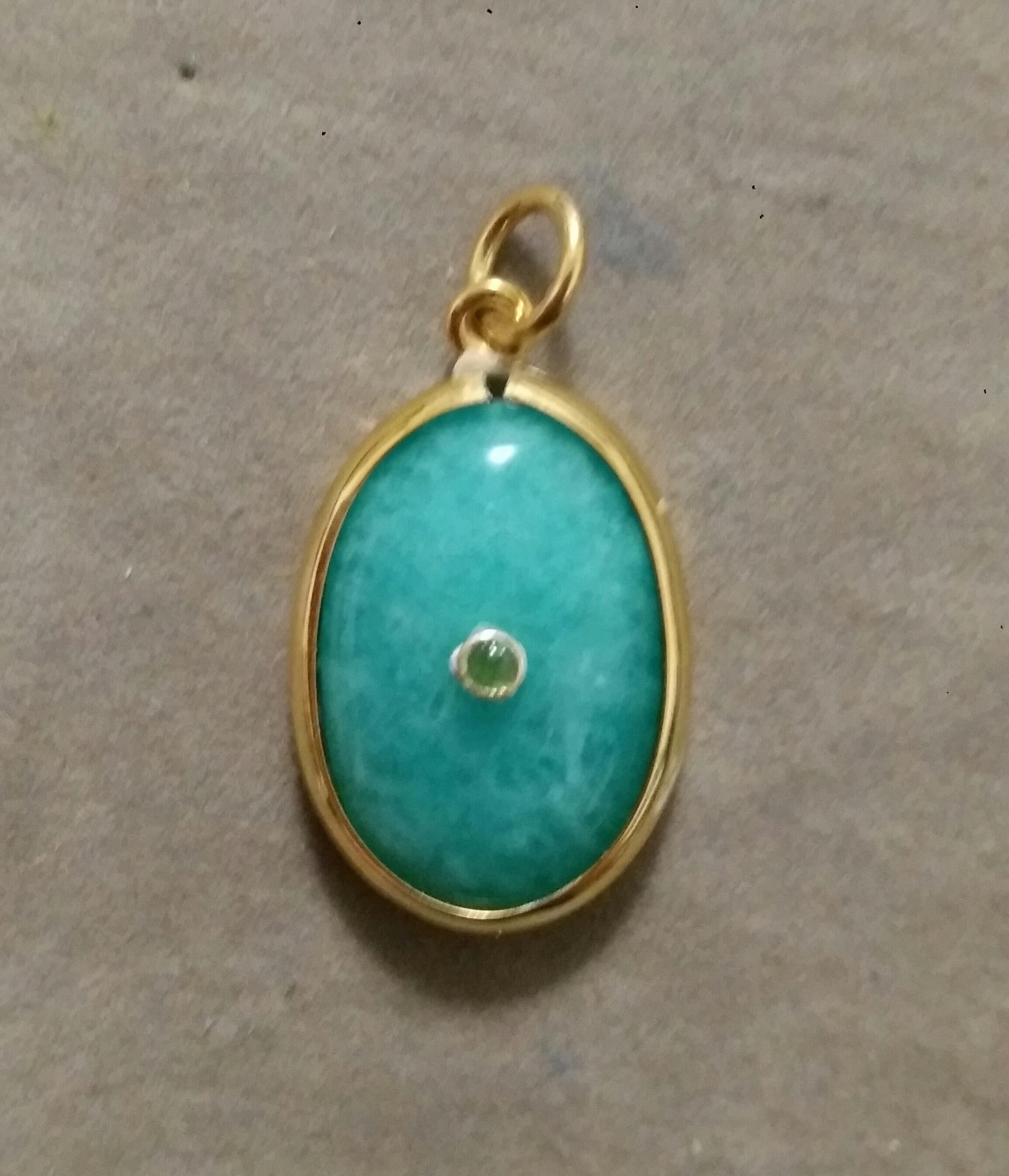 Mixed Cut 33 Carat Amazonite Oval Cab 14k Yellow Gold Bezel Round Emerald Cab Pendant For Sale