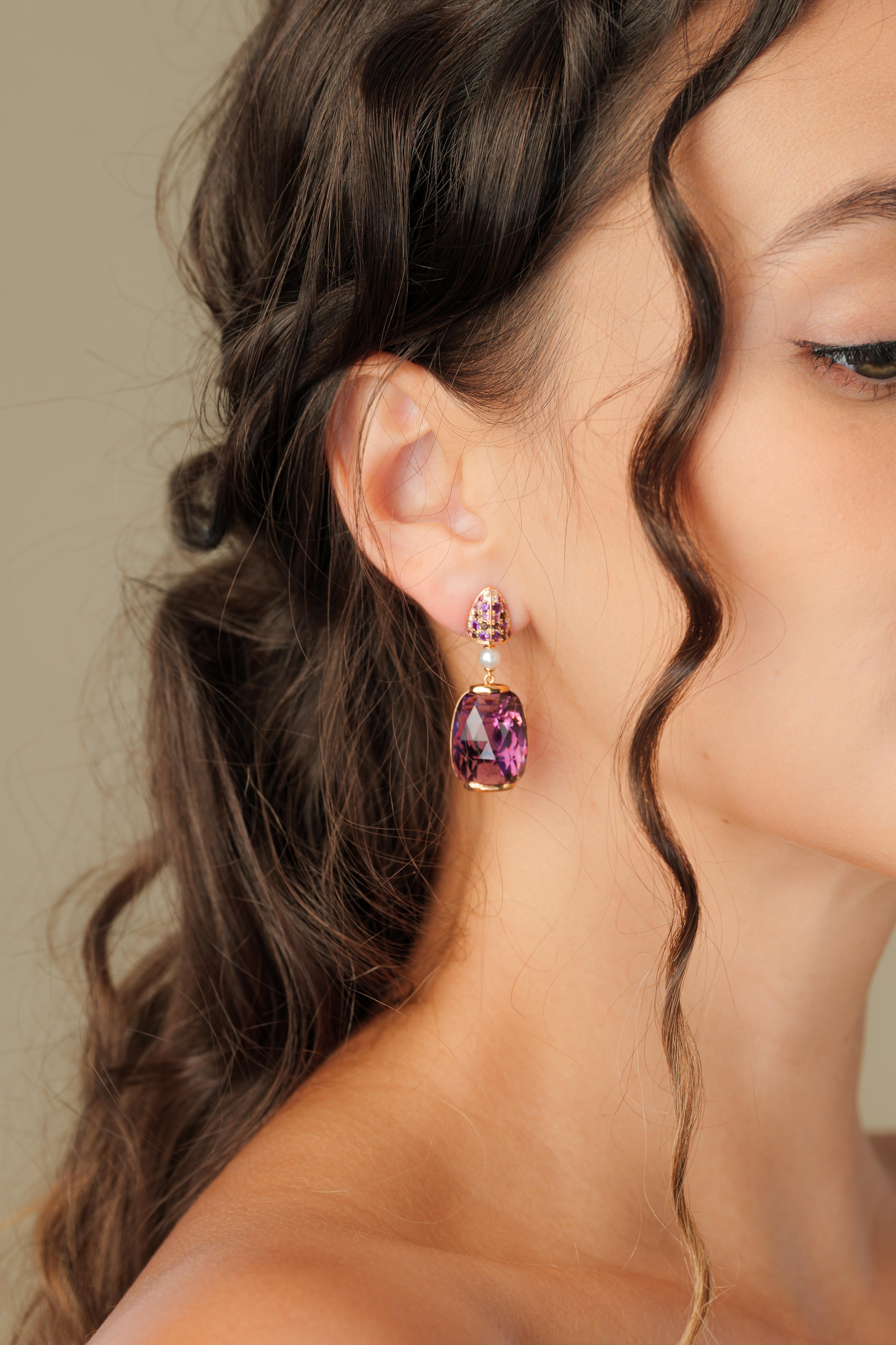 Cabochon 33 Carat Amethyst Earrings with Gemstones, Pearl & Diamond in 18 Karat Rose Gold