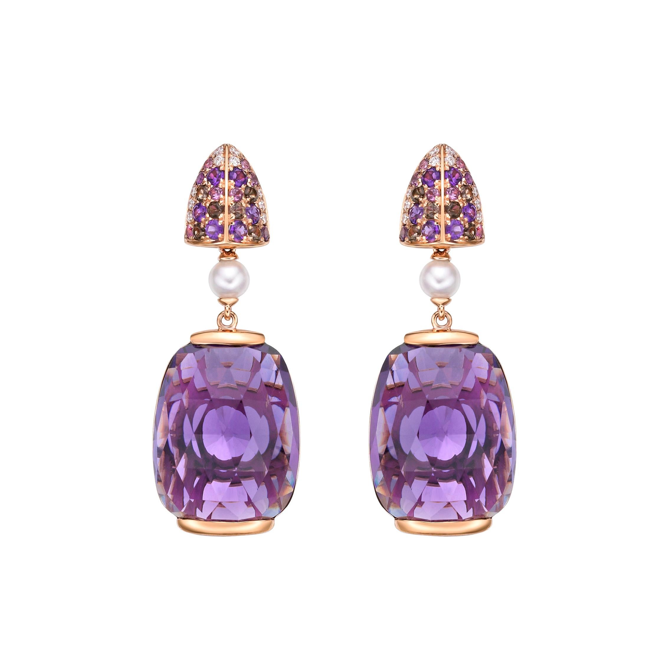 33 Carat Amethyst Earrings with Gemstones, Pearl & Diamond in 18 Karat Rose Gold In New Condition In Hong Kong, HK