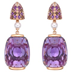 33 Carat Amethyst Earrings with Gemstones, Pearl & Diamond in 18 Karat Rose Gold