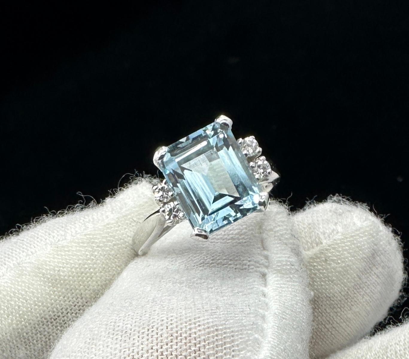 3,3 Karat Aquamarin Diamantring 14 Karat Weißgold Hollywood Regency Art Deco Damen im Angebot